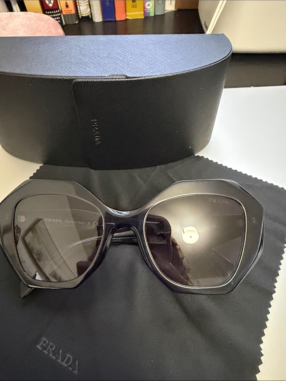 Prada Dark Blue Sunglasses with Gold Logo Accent - Picture 10 of 12